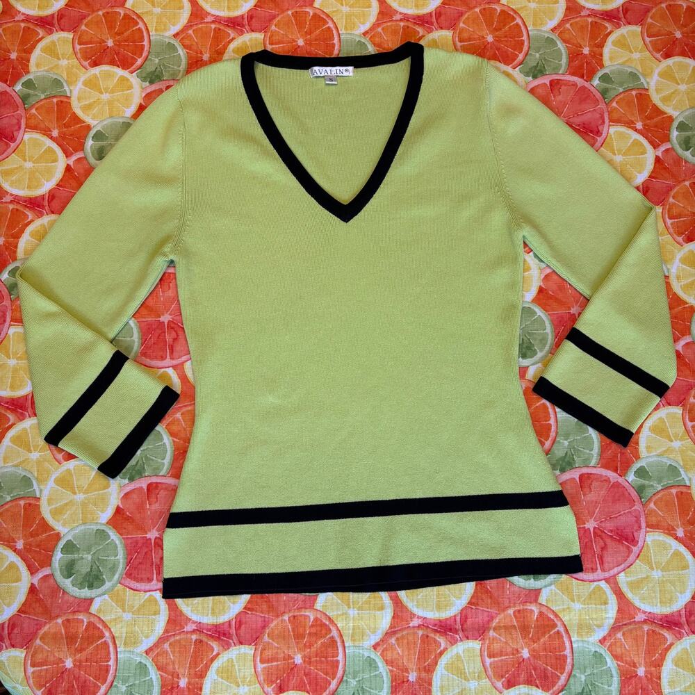Avalin Lime Green Black Stripe V-Neck Sweater S